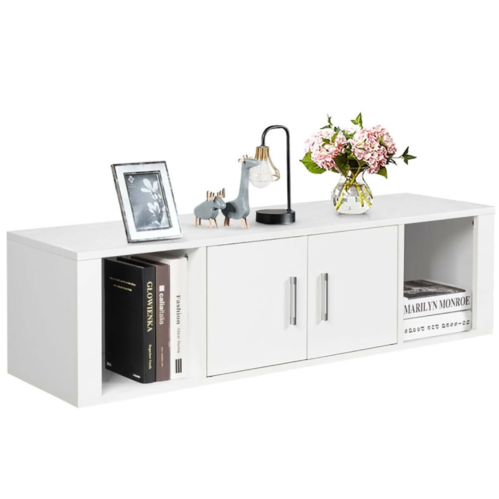 Finihen Floating Shelves, Modern Hanging Shelf for Wall Decor, Wall Mounted Floating 2 Door Desk Hutch Storage Shelves, for Living Room, Bedroom, Kitchen, White