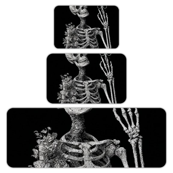 RKSupls Kitchen Rug Set 3 Piece Anti-Slip Flannel Floor Mats, Skeleton Flowers Scissors Washable Absorbent Runner Mats for Kitchen Bathroom Home Decor