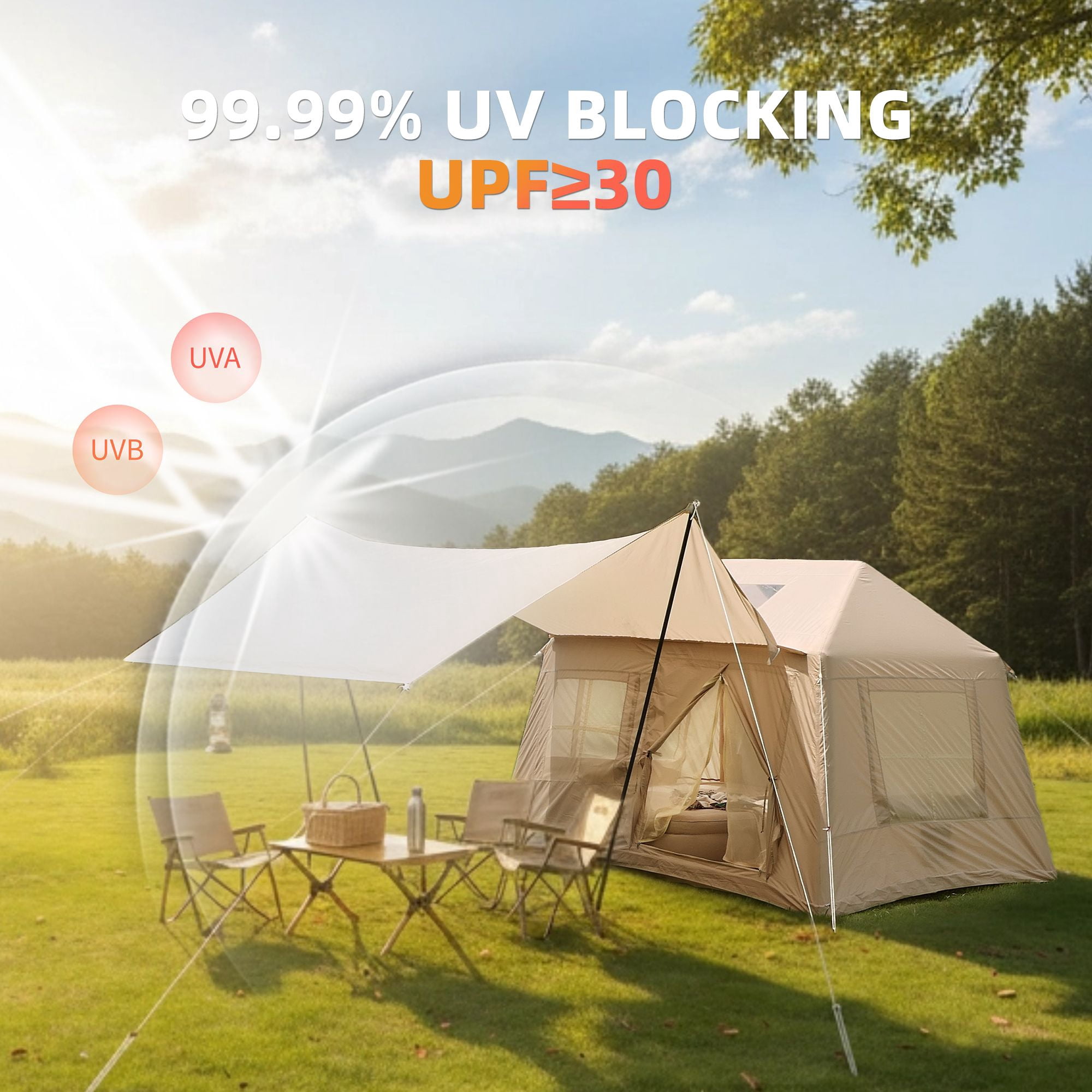 5.72m² Outdoor Inflatable Camping Tent with Canopy Easy Setup 4 Season Windproof Glamping Cotton Tent with Mesh Windows and Pump
