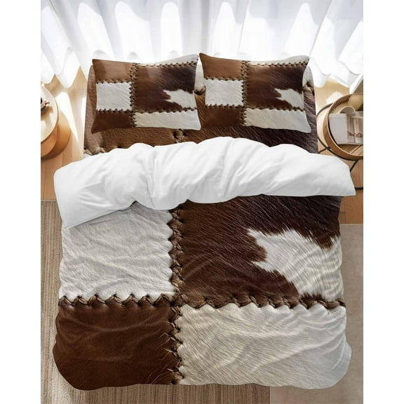 Cow Cowhide Bedding Duvet Cover Set Twin Size 4 Pieces Abstract Brown Seam Leather Soft Twill Plush Quilt Cover, Include 1 Duvet Cover 1 Flat Sheet And 2 Pillow