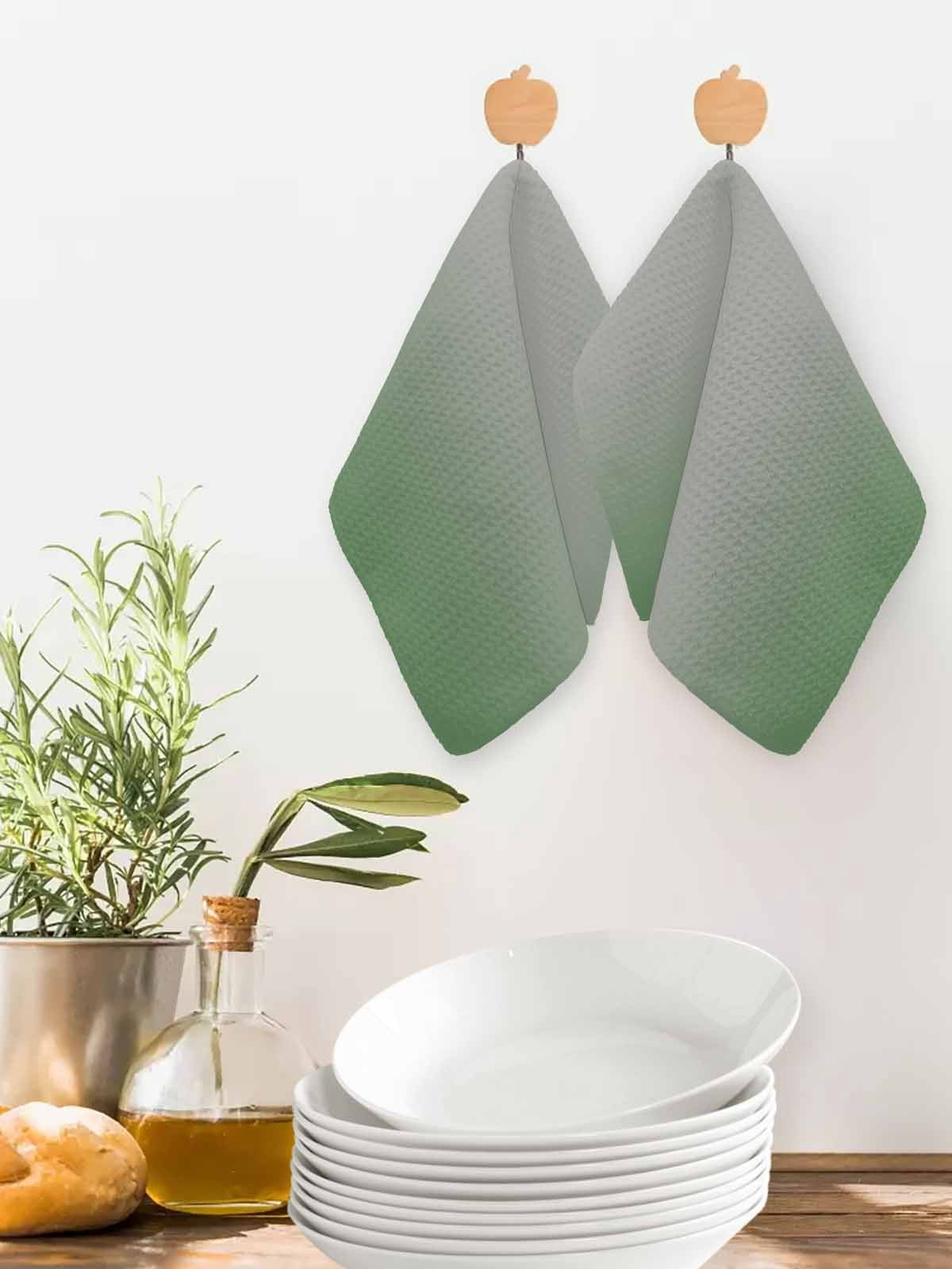 Green Grey Ombre Kitchen Dish Towels for Drying Dishes Set of 2, Modern Gradient Abstract Art Waffle Weave Microfiber Hand Tea Bathroom Towels Quick Dry & Absorbent Towel 12x12