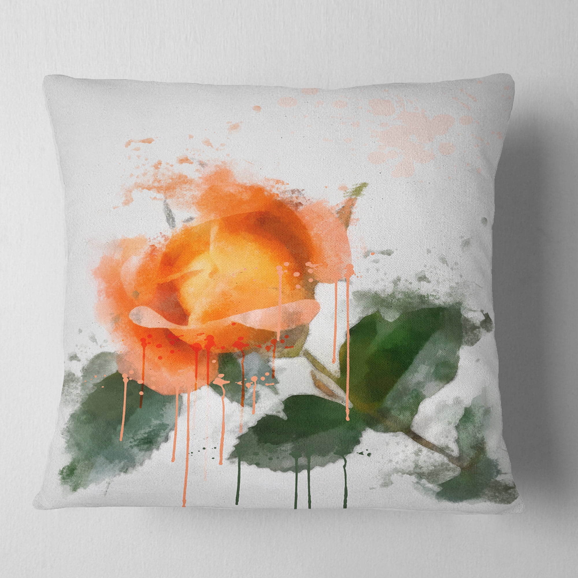 Designart Orange Rose Sketch Watercolor - Floral Throw Pillow - 18x18