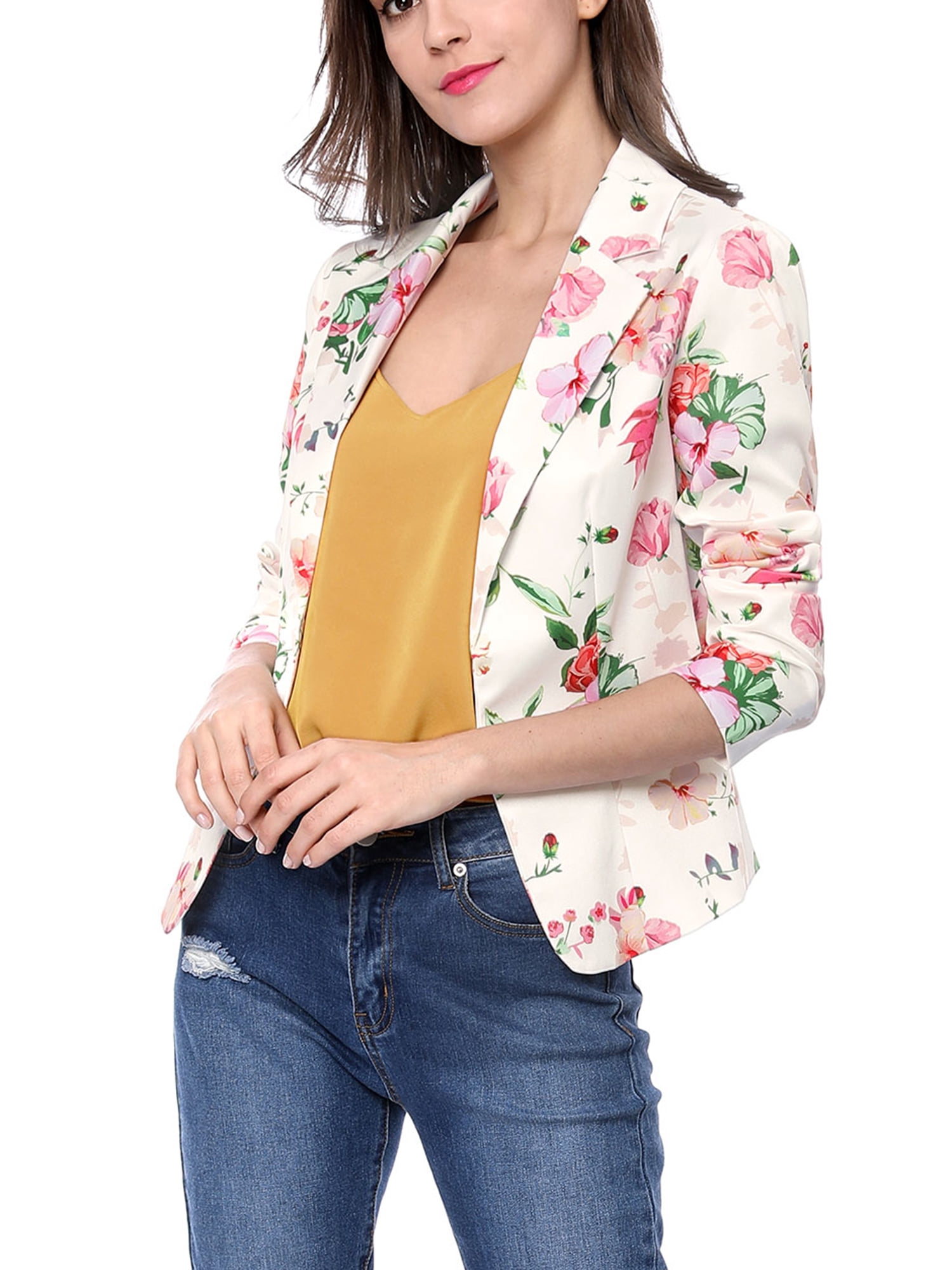 DARING DIVA Women's Elegant Notched Lapel Floral Print Blazer L White-Floral