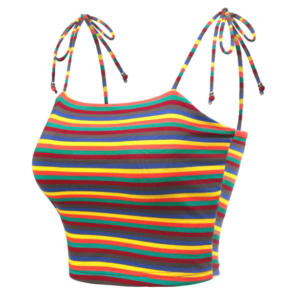 Top sin mangas de verano sin mangas con tirantes finos y tirantes finos con lazo a rayas arcoíris para mujer Multicolor Negro XS