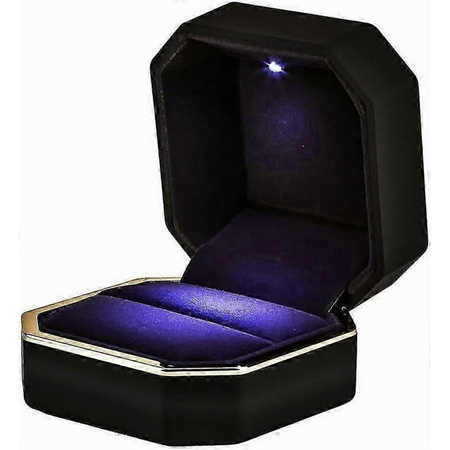 Luxury Ring Box, Square Velvet Wedding Ring Case Jewelry Gift Box with LED Light for Proposal Engagement Wedding, Black