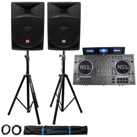 Numark NS7III Four Deck Serato DJ Controller+(2) 15" Powered Speakers+Stands+Bag