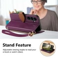 thumbnail image 5 of For Samsung Galaxy A26 5G Wallet Phone Case,PU Leather Flip Fold Kickstand,With Wrist Strap+Shoulder Strap,Card Holder,Zipper Pocket,Leaf Design Magnetic Closure Shockproof Durable Case,Purple, 5 of 16