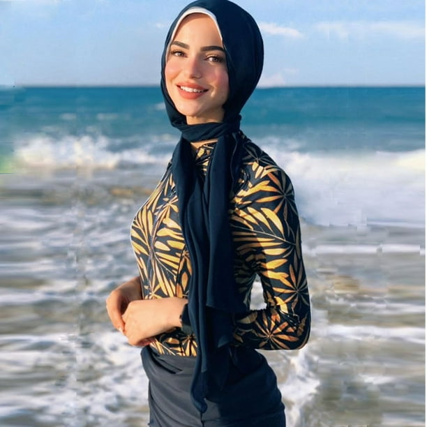 Traje de bano musulman para mujer hiyab de retales modesto traje de bano deportivo de manga larga 3 uds. traje de bano islamico Burkinis Tan