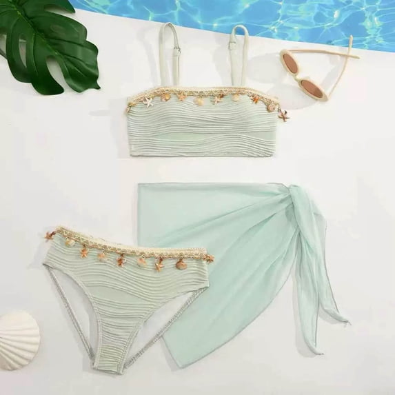 Shadoumai Ruffle Butts Girls Swimsuits Ribbed Girls Bikini Spaghetti Strap Tankini for Girls 3-Piece Bathing Suit Cute Pattern Print Modest Swimwear