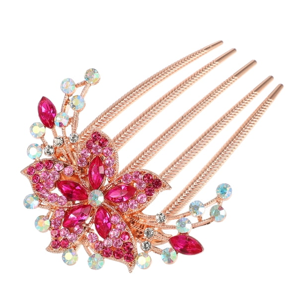Peineta de flores con incrustaciones de diamantes de imitación para mujer, accesorio para el cabello, peine lateral, Clips, piezas de cabeza de diamantes de imitación, rosa roja