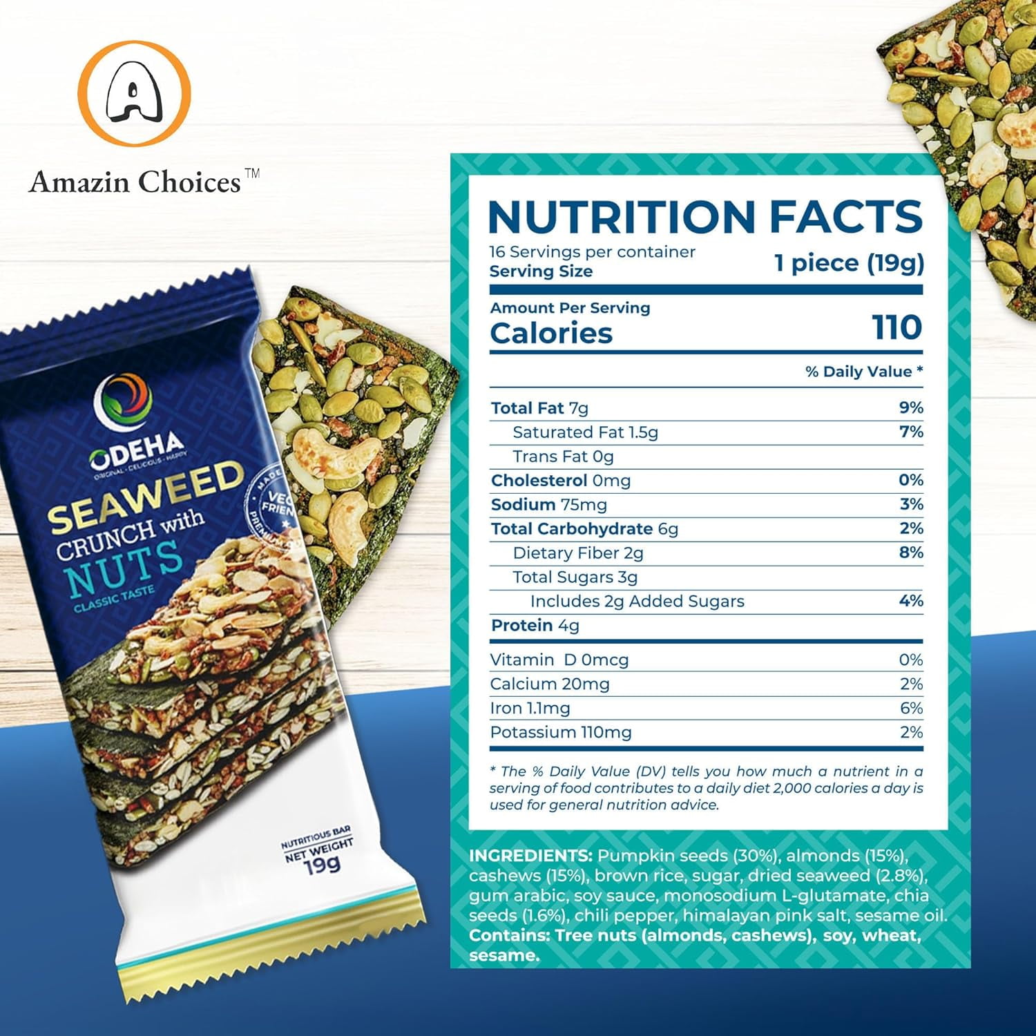 Amazin Choices Seaweed Crunch with Nuts, Classic Taste, Seaweed Sandwich, Seaweed Snack 16-pack ( Paper Box )