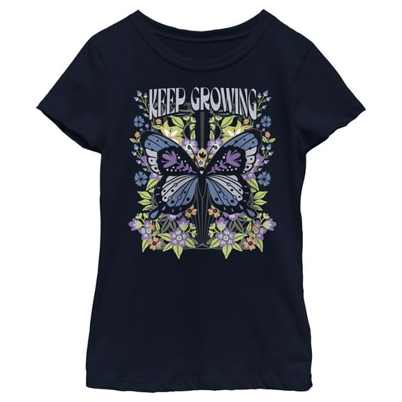 Girl's Lost Gods Keep Growing Butterfly Graphic Tee Navy Blue X Small