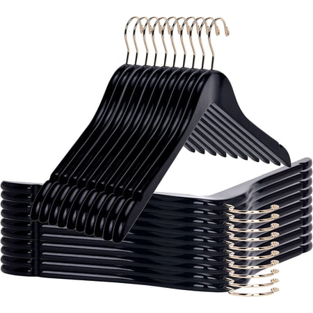 Quality Semi Curved Black Wooden Suit Hangers, 80-Pack Smooth Finish Solid Wood Coat Hanger with Swivel Hook, Jacket, Pant, Dress Clothes Hangers (Black - Gold Hook, 80)