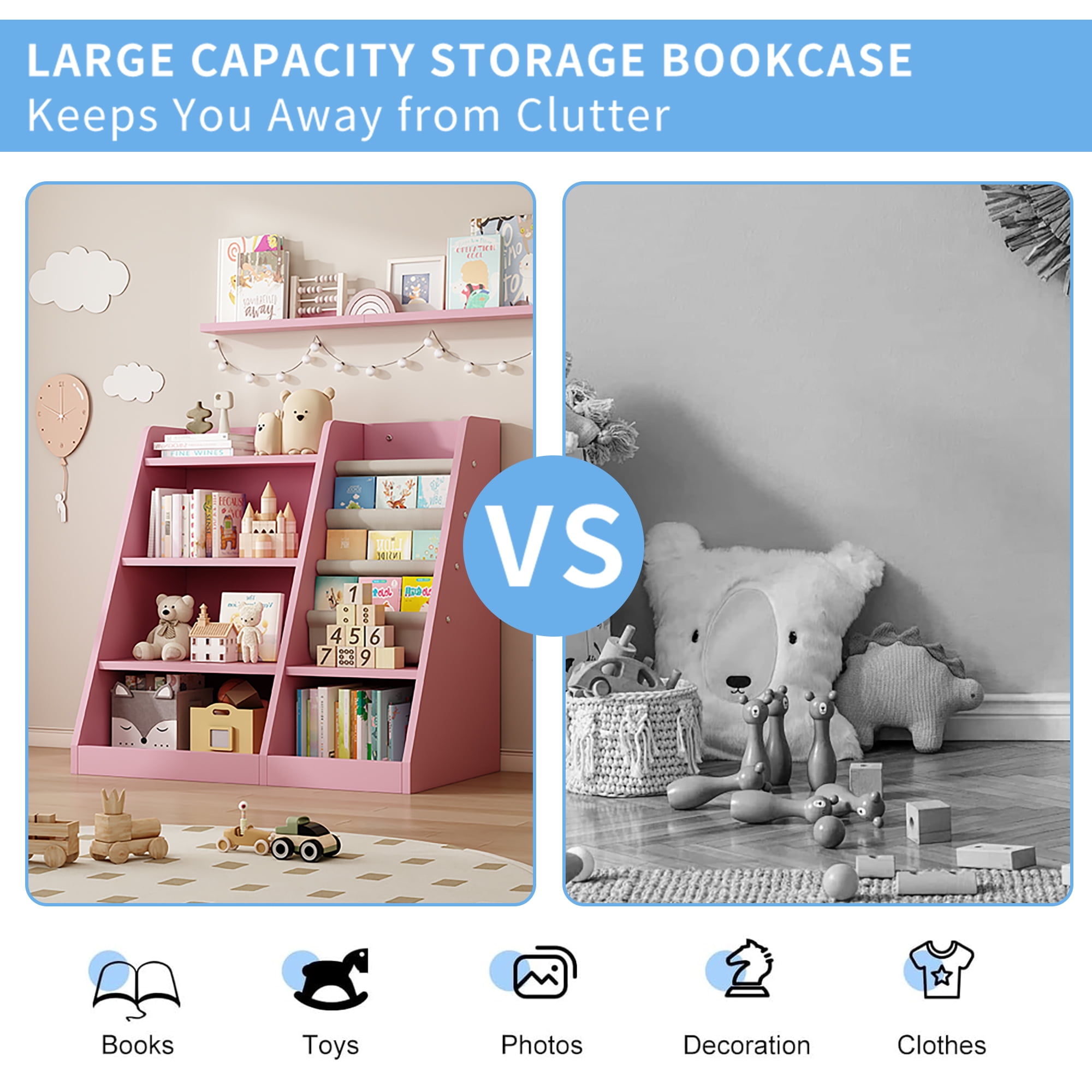 Aukfa Kids Bookshelf and Toy Storage,Wood Storage Organizer for Playroom Bedroom,Pink