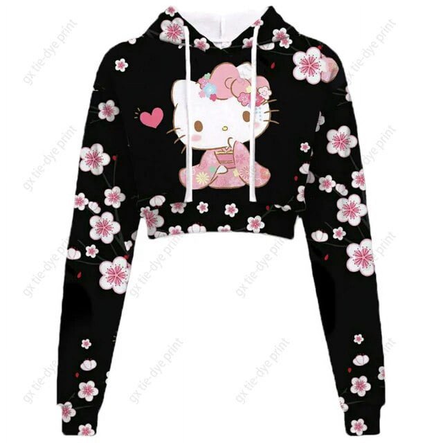 Chandail à Capuchon Imprimé Hello Kitty pour Femmes, Hauts Courts Kawaii Imprimés Harajuku, Sweat Court à Col Rond pour Femmes Harajuku