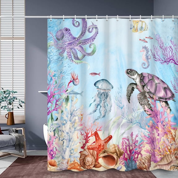 MIZHONA Summer Ocean Shower Curtain Coastal Sea Turtle Bathroom Curtain Octopus and Jellifish Coral Bathroom Decor 72"X72"