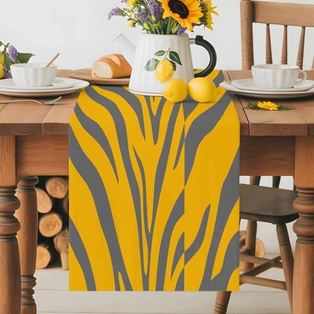 Abstract Tiger Print Table Runner 13x72 Inch Yellow Grey Animal Fur Texture Modern Art Cotton Linen Dining Table Runner Ideal for Dresser Kitchen Coffee Tables - Machine Washable