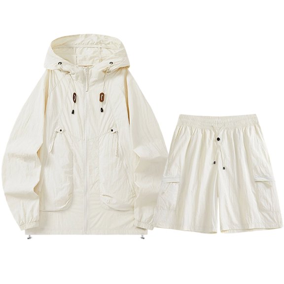 WRKEKC Two Piece Sets for Women Solid Color Hooded Pocket Top with Elastic Tie Waist Long Sleeve Shirt and Shorts Sun Protection Set