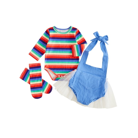 RUINIXCW Toddler Baby Girl Halloween Costume Newborn Infant Girl Spring Fall Outfit Long Sleeve Rainbow Striped Romper Suspender Skirt Stockings Set