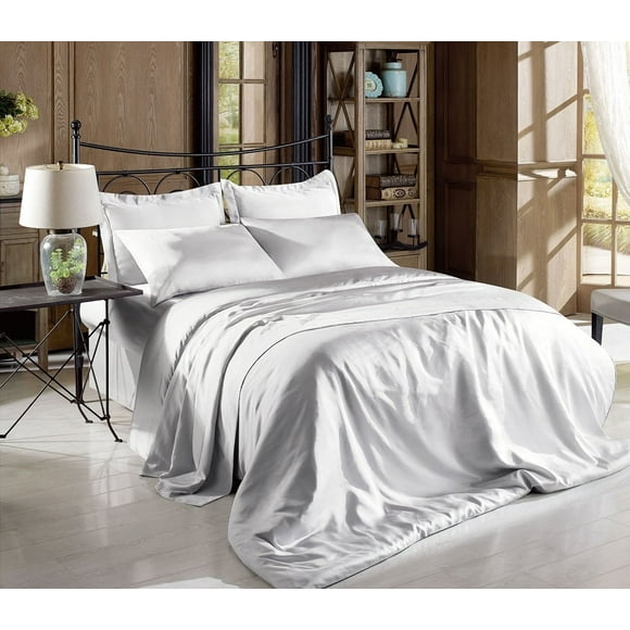 Ensemble de Draps en Satin Charmeuse Doux et Soyeux Couleur Unie (Gris Argenté, Grand)