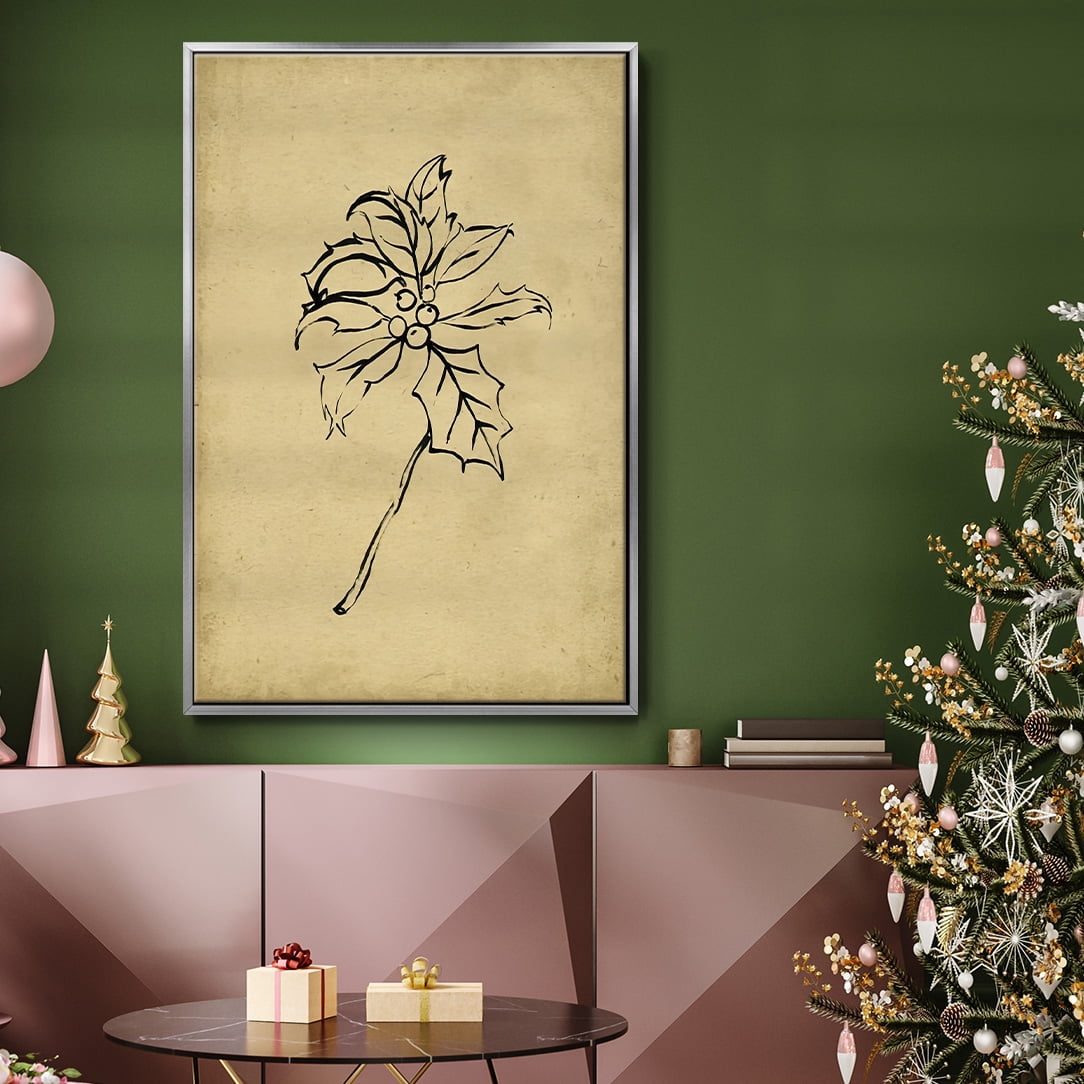 Holly Branch II - Framed Gallery Wrapped Holiday Canvas - 25 x 37 - Silver Frame