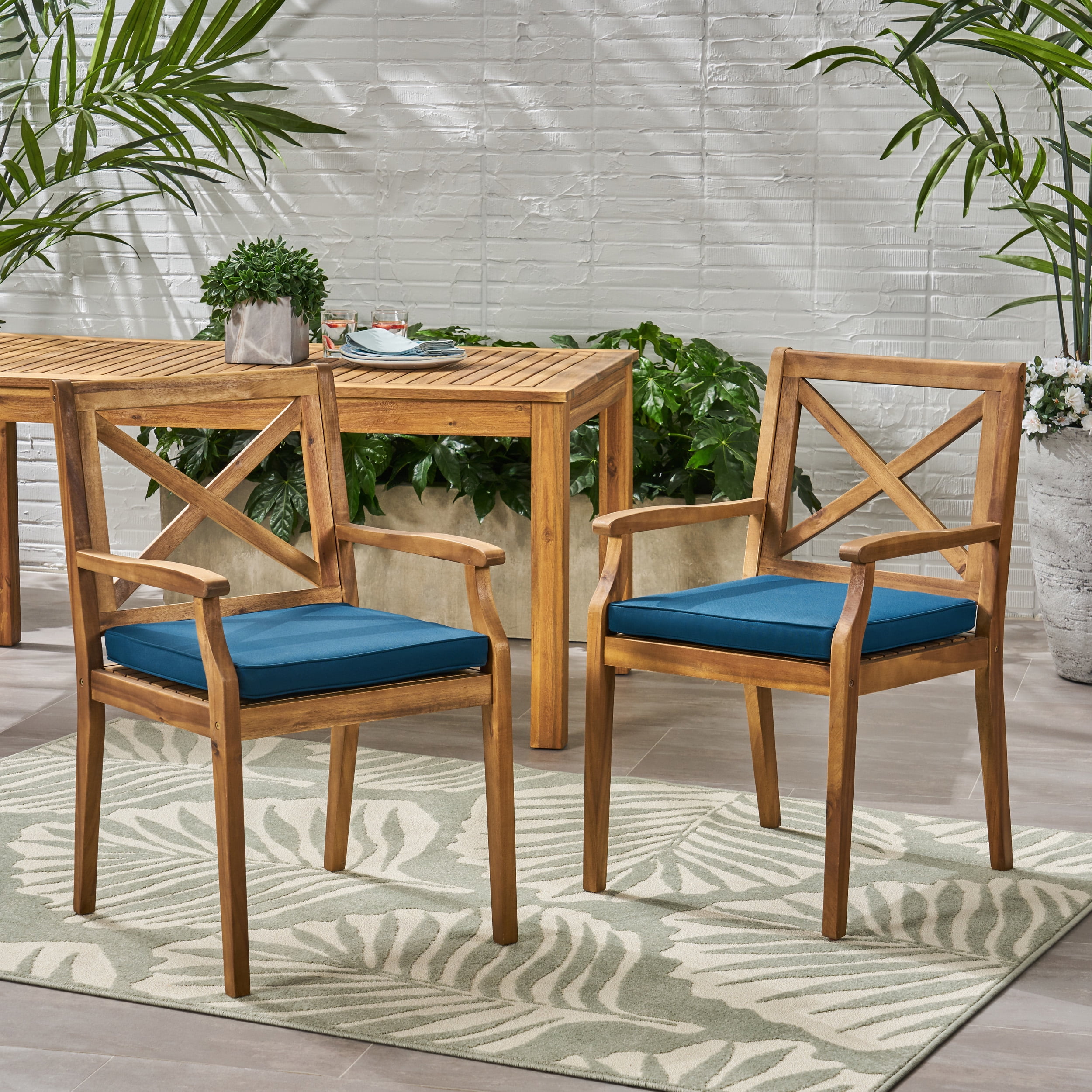 Outdoor Dining Chairs Set of 2 – Solid Wood Frame with Water-Resistant Cushions, Patio Armchairs for Backyard, Garden or Poolside
