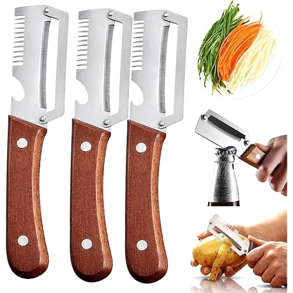 2-In-1 Serrated Peeling Knife Premium Vegetable Peeler, Multifunctional Vegetable Serrated Peeler For Kitchen, With Wooden Handle And Bottle Opener (3PC)