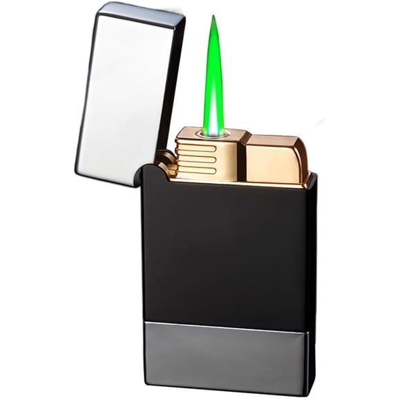 Portable Metal Lighter, Windproof Green Flame Lighter, Push to Ignite, Adjustable Flame Refillable Butane Lighter, Suitable for BBQ, Candles, Indoor, Outdoor, Best Gift for Men (Butane Not Included)