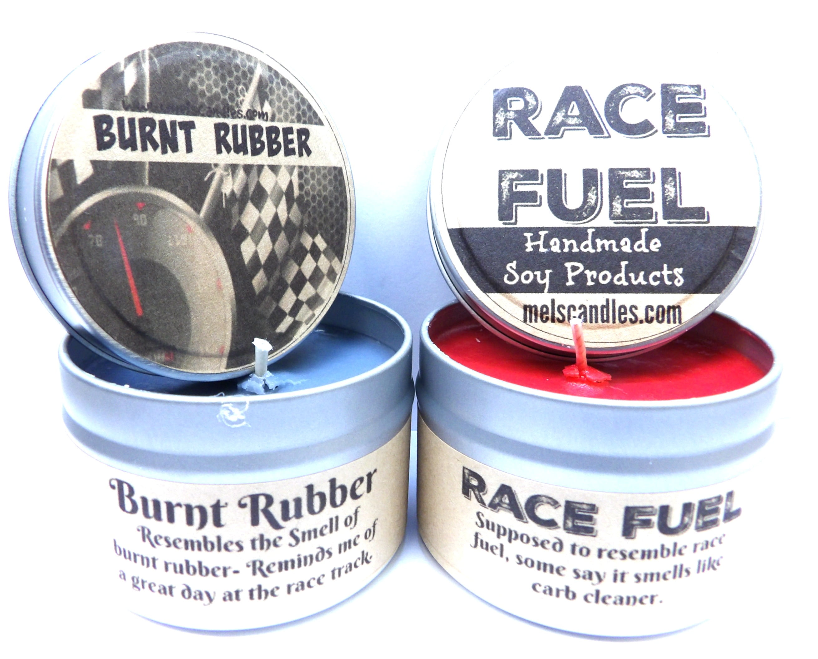 Combo 4 oz Burnt Rubber & 4 oz Race Fuel Soy Candle Tins Great Gift