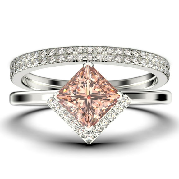 Boho & hippie 2.50 Carat Princess Cut Morganite And Diamond Moissanite Dainty Engagement Ring, Classic Wedding Ring, Two Matching Band in 10k Solid White Gold, Gift For Her, Promise Ring, Trio Set