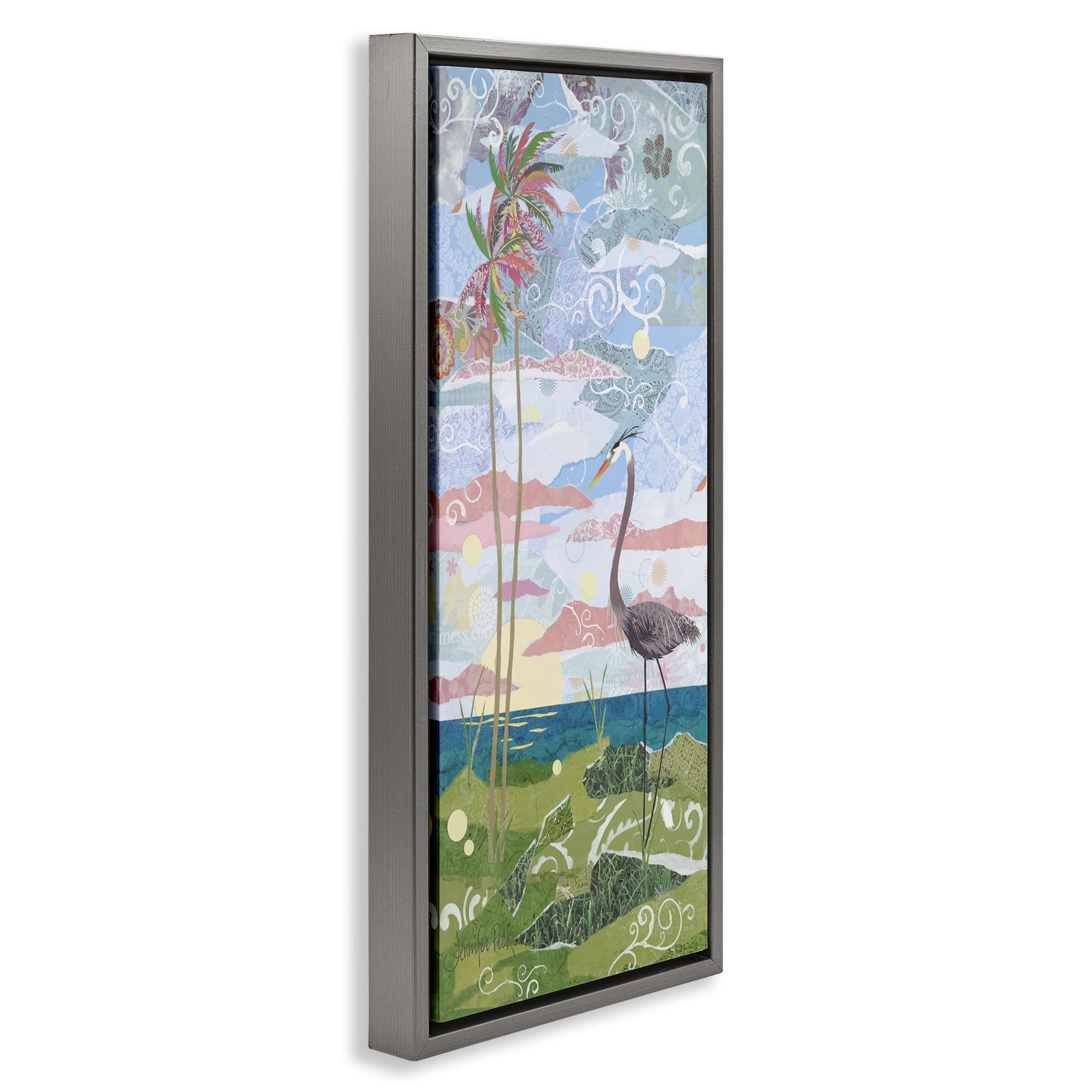 Stupell Industries Crane & Swirled Landscape Landscape Painting Gray Floater Framed Canvas Art Print Wall Art, 11 x 25