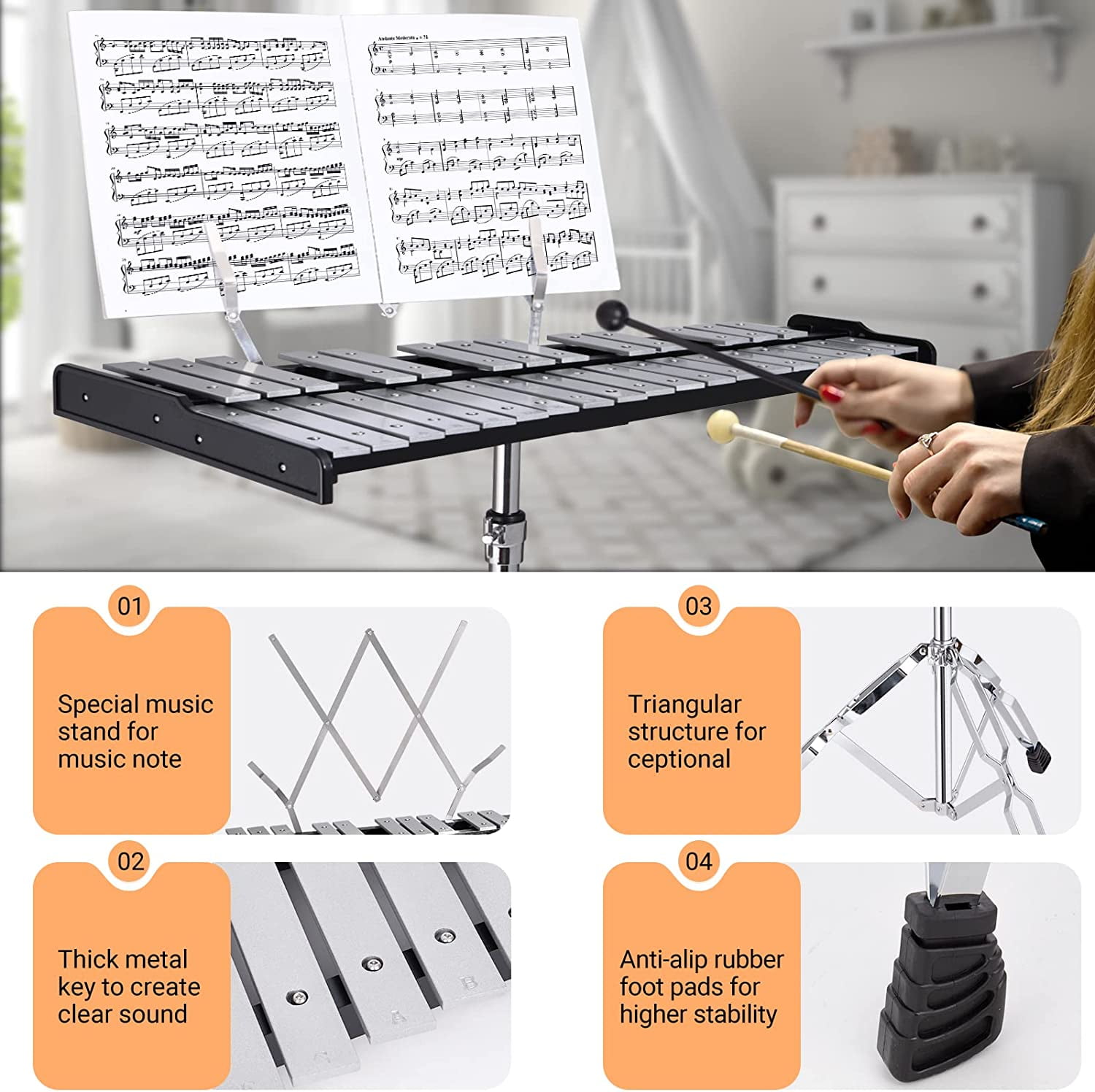 Datingday 32 Notes Glockenspiel with Adjustable Height Stand, Aluminum Xylophone for Adult,Glockenspiels Xylophone Bell Kit,Xylophones Instrument Kit with Music Stand,Mallets and Carrying Bag