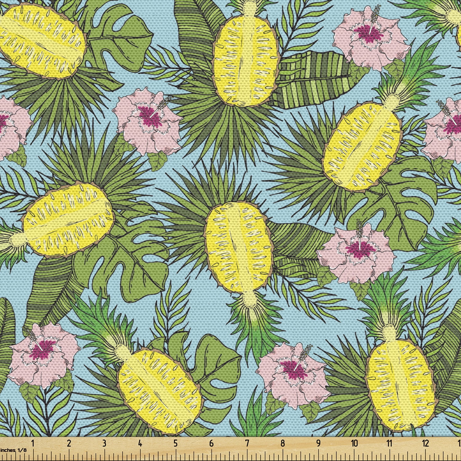 Pineapple Fabric by the Yard Pattern of Cut Tropical Fruits with Island