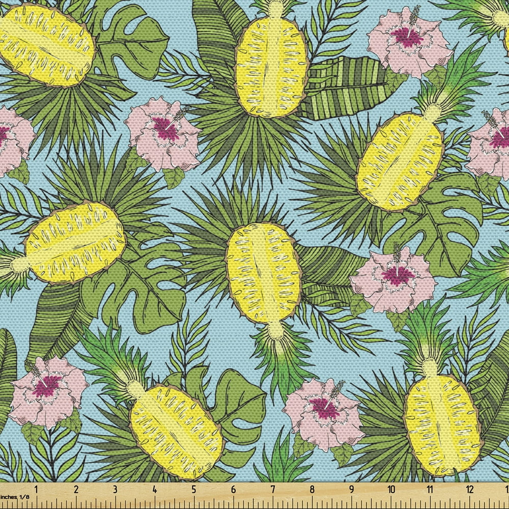Pineapple Fabric by the Yard, Pattern of Cut Tropical Fruits with