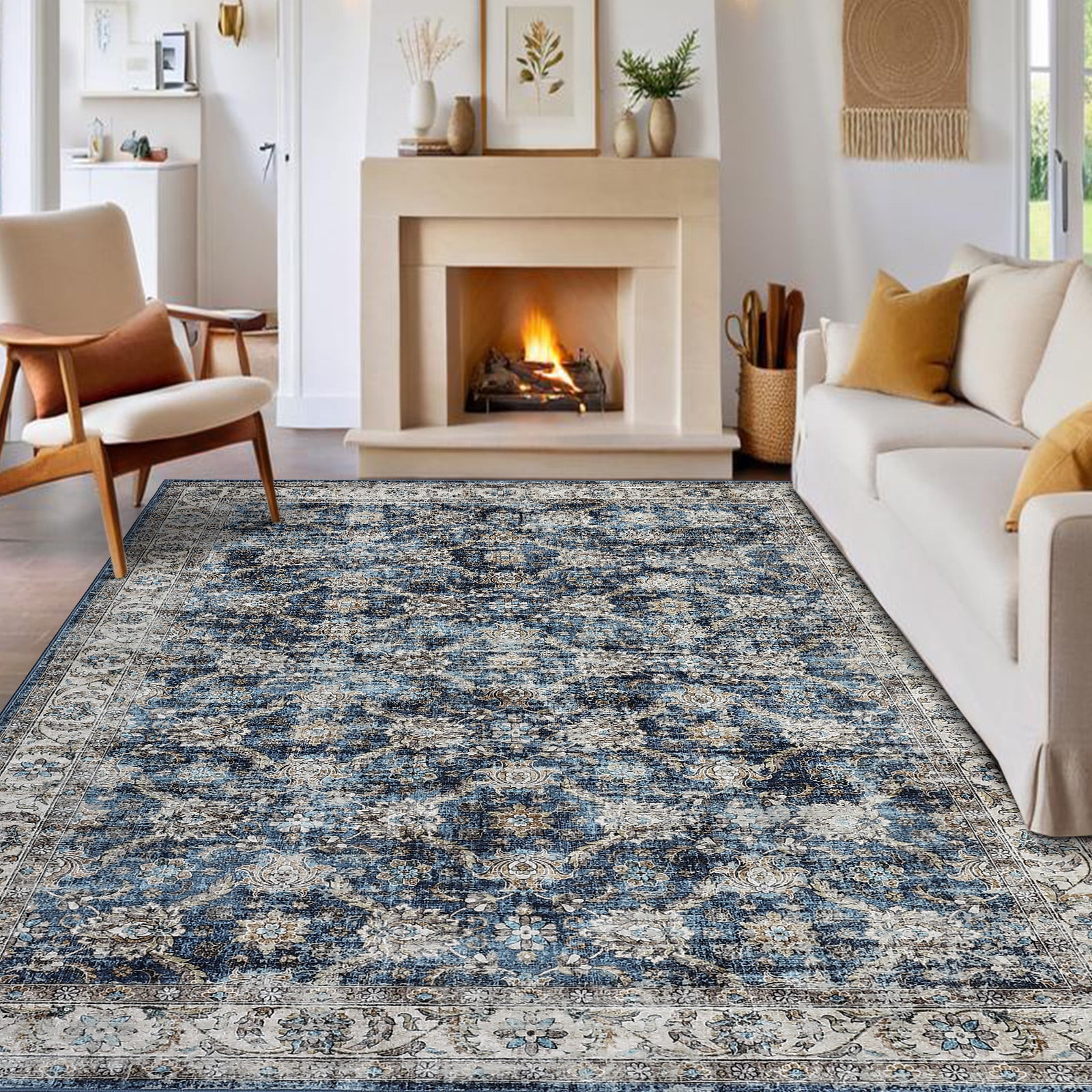 Haperlare 5'x7' Vintage Floral Area Rug Soft Oriental Carpet, Washable Rug Non Slip TPR Backing Low Pile Rugs for Living Room Bedroom Home Office, Blue