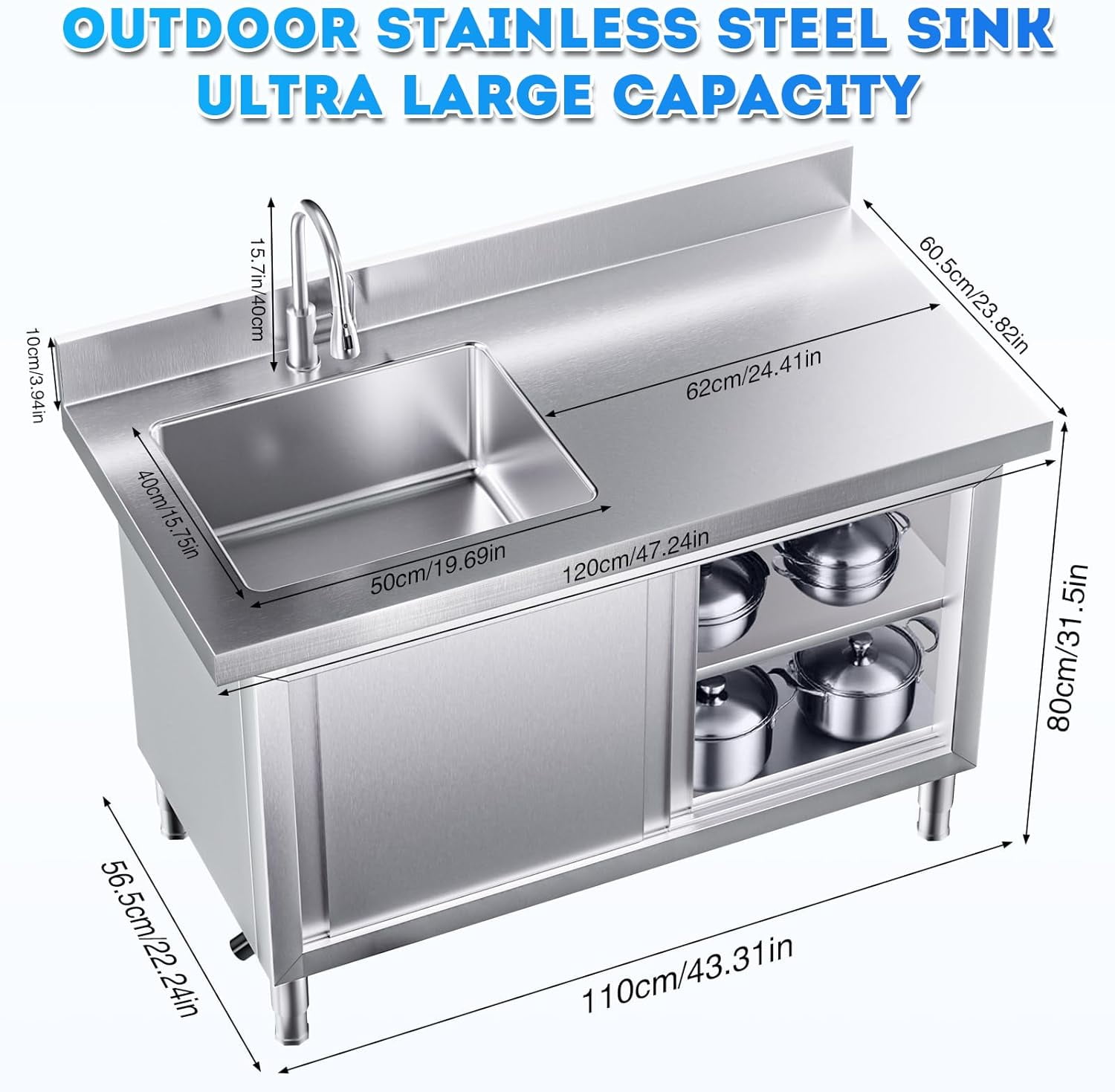 Esheno Outdoor Stainless Steel Kitchen Sink 22.2"D x 43.3"W x 31.5"H Freestanding Workbench Storage Pull-out Faucet For Garage