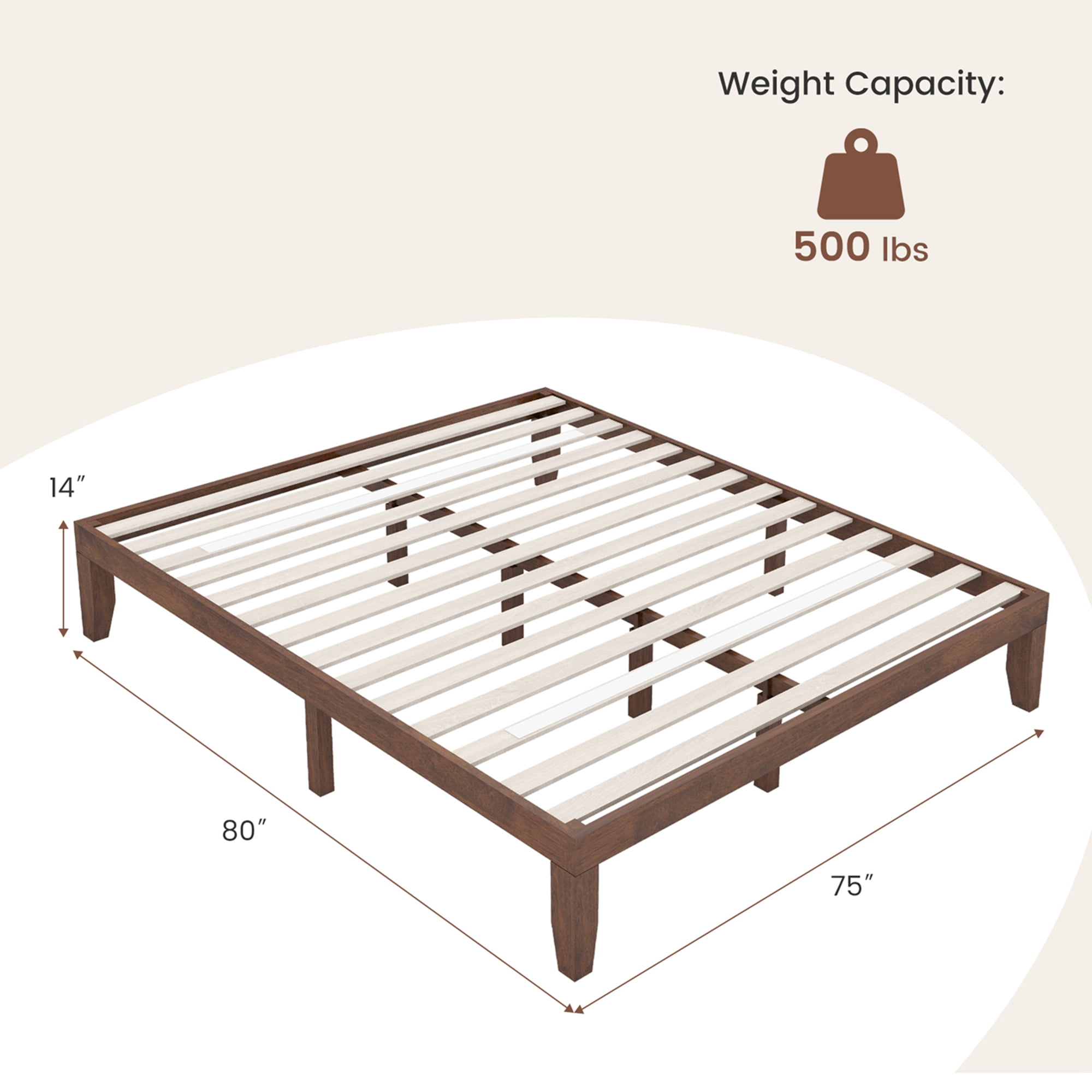 Costway King Modern Rubber Wood Plywood Standard Bed, Brown Cherry