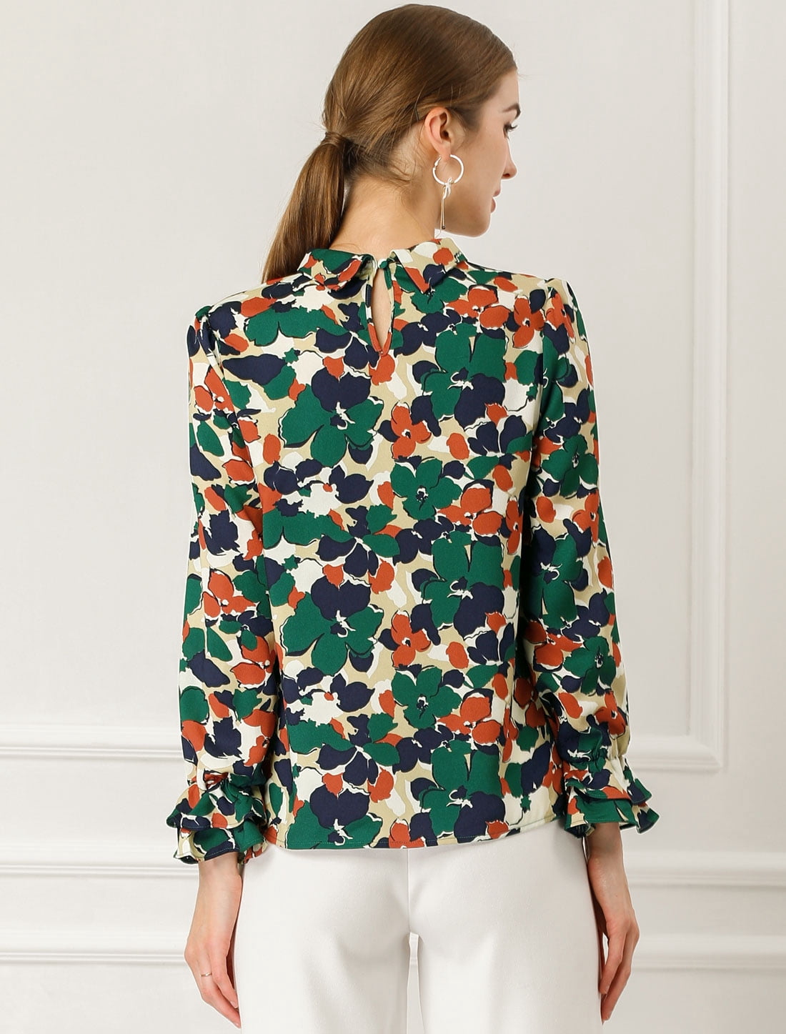 DARING DIVA Women's Tie V Neck Floral Shirt Trumpet Blouse XS Green