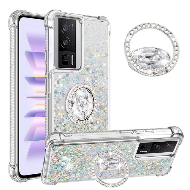 Funda para Xiaomi POCO F5 Pro 5G con Brillo Líquido Flotante, Purpurina, Parachoques y Anillo Giratorio Soporte