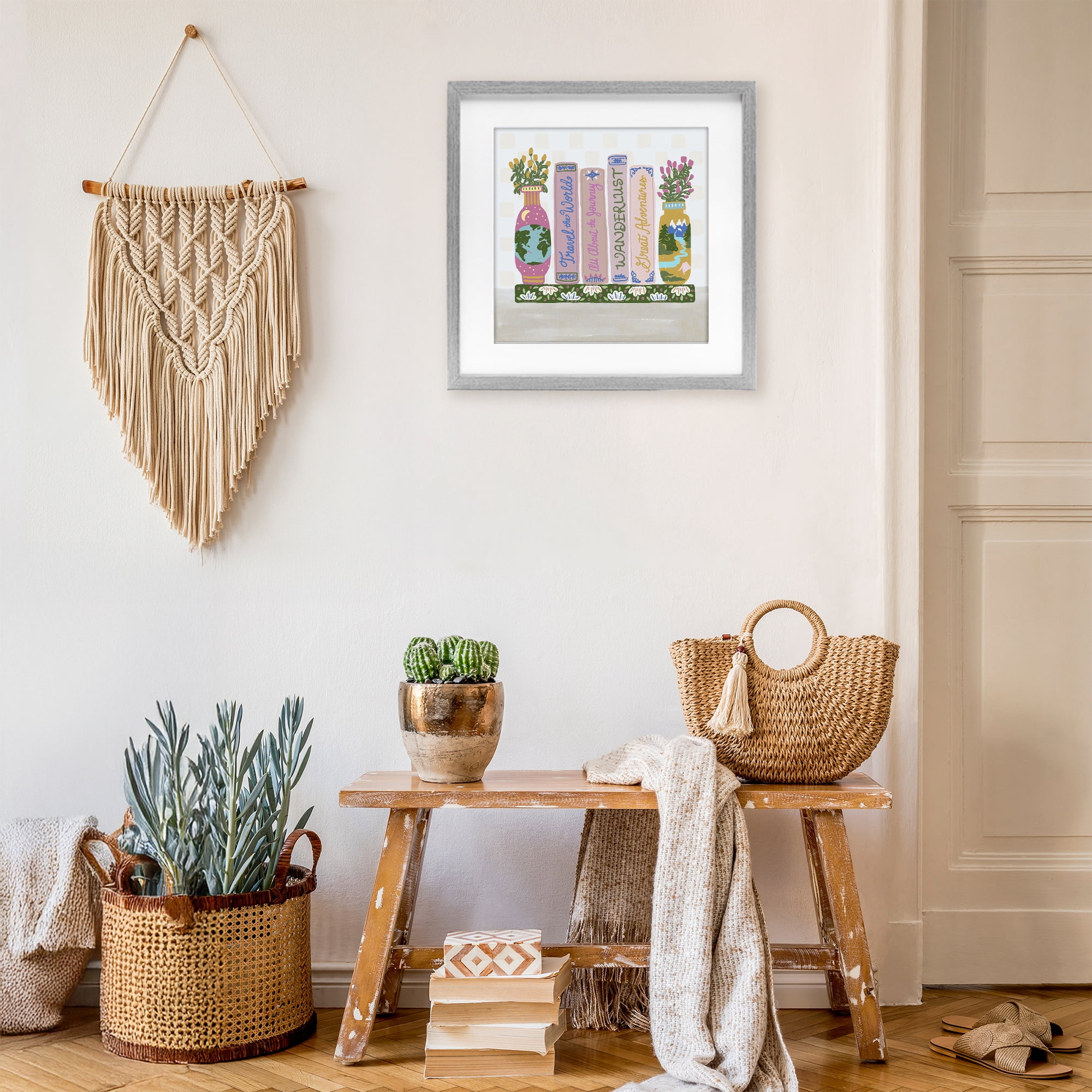 Stupell Industries Boho Travel Books Shelf Gray Framed Print Under Glass, design by Connie Summers