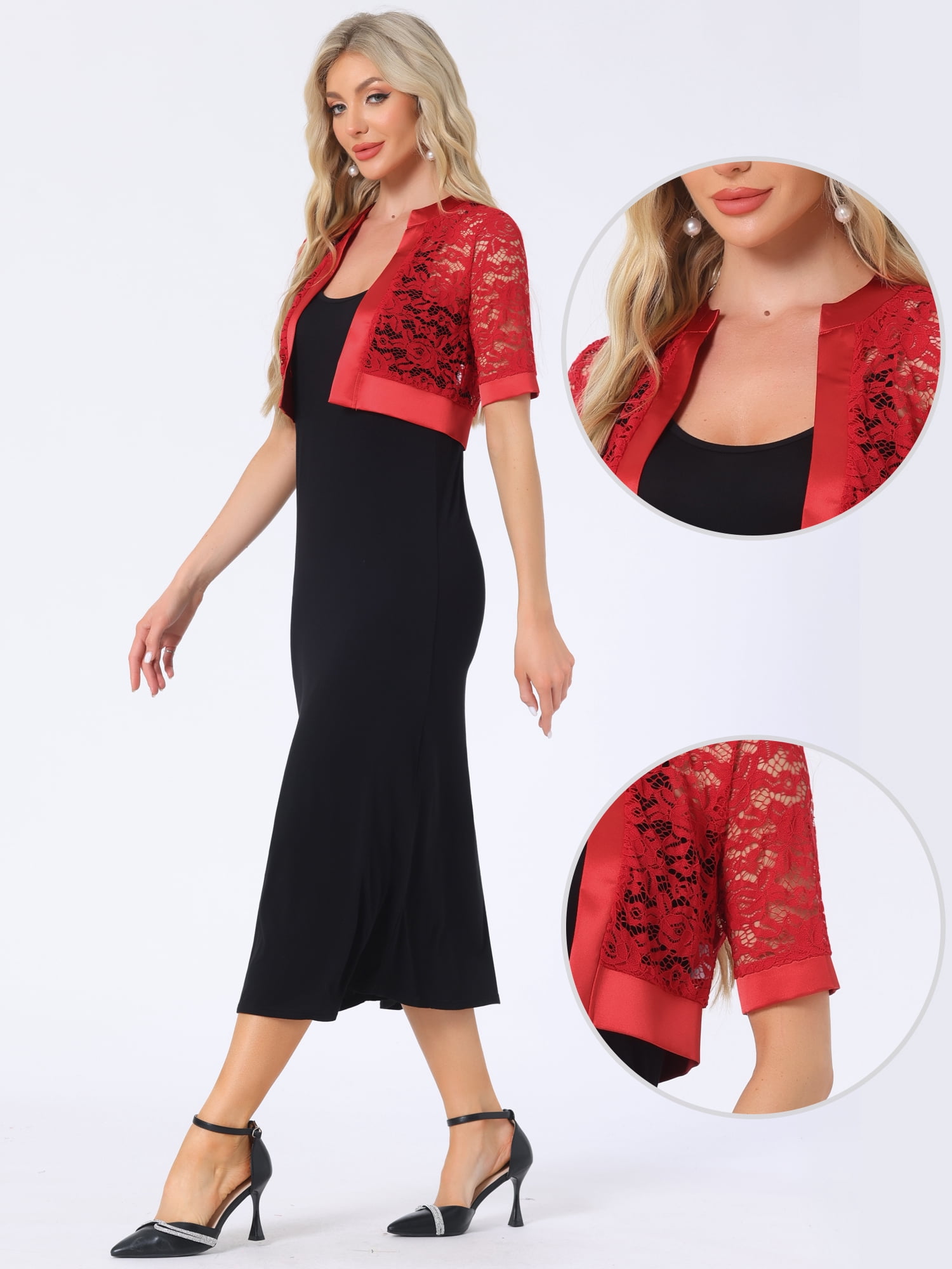 DARING DIVA Women's Lace Shrug Bolero Satin Panel Crop Cardigans M Red