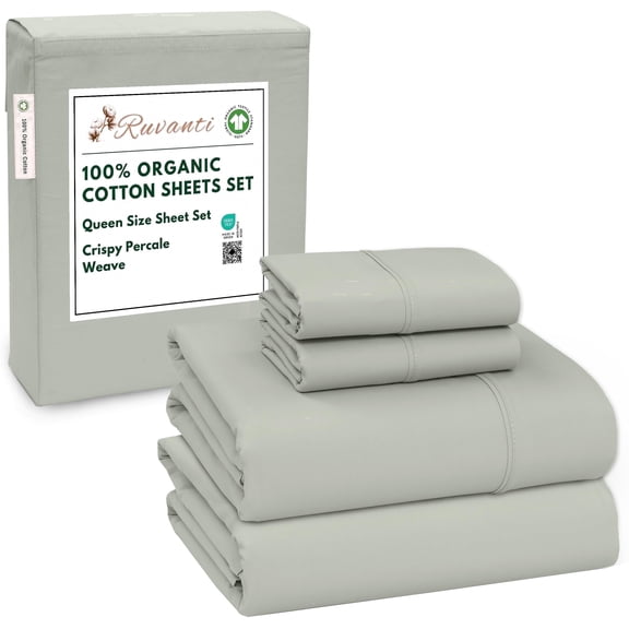 RUVANTI 100% Organic Cotton Sheets - Queen Sheet Set - 4 Piece Percale Weave Bedding, Crisp, Cooling & Breathable, Soft & Durable, 16" Deep Pocket, Hotel Quality Sábanas - Mineral Gray
