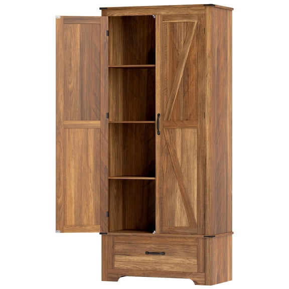 72" Farmhouse Pantry Cabinet with Adjustable Shelves, Kitchen Storage Cabinet with Doors, Brown
