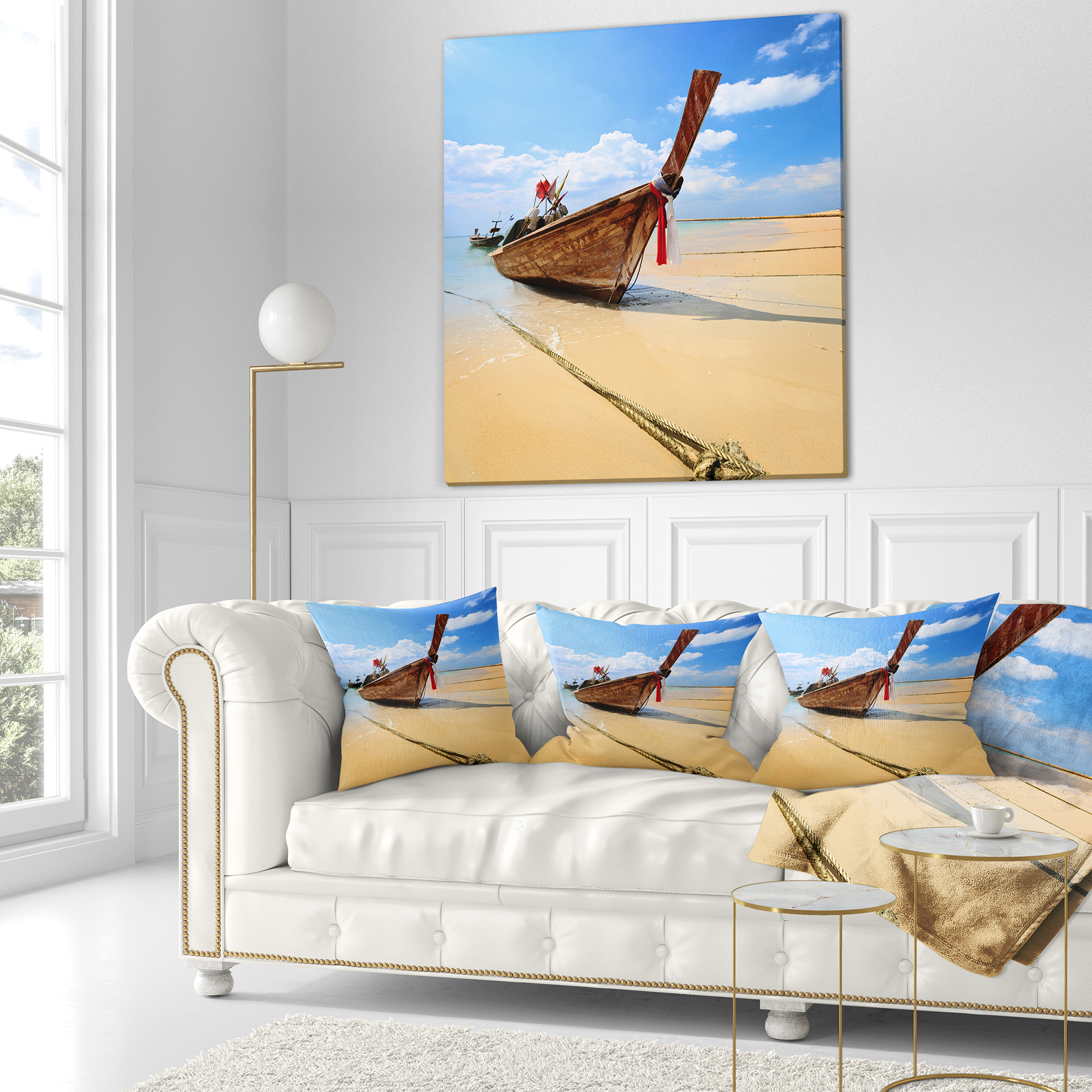 Designart Thai Long tail Boat - Beach and Shore Throw Pillow - 16x16