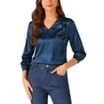 thumbnail image 1 of Blusa de satén para mujer Inspire Chic, casual, de manga larga, con cuello en V, color azul oscuro, talla XL, 1 of 1