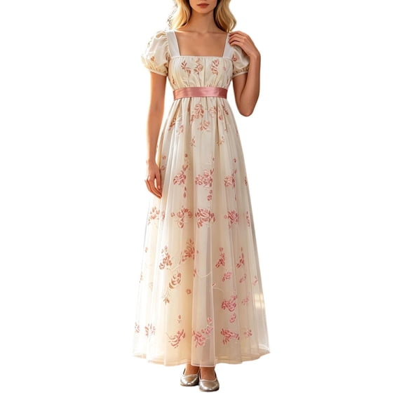 SRZYMJ Regency Dress Women Regency Empire Waist Dresses Tea Party Victorian Gown Embroidery S