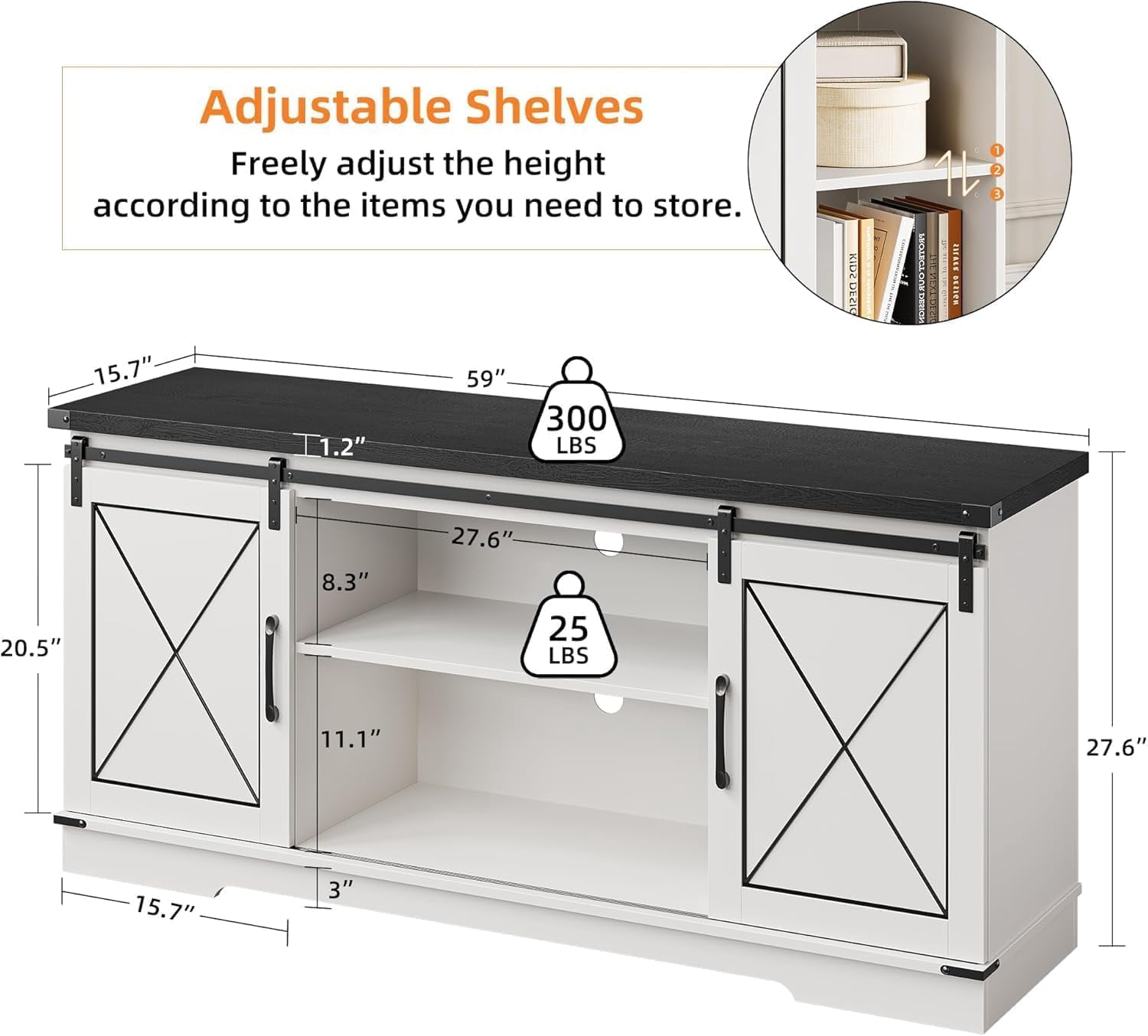TROPOW Tv Stands for Living Room,Farmhouse TV Stand and Entertainment Center with Sliding Barn Doors and Storage Cabinets, Adjustable Shelf Media Console Storage Cabinet Living Room Furniture,White