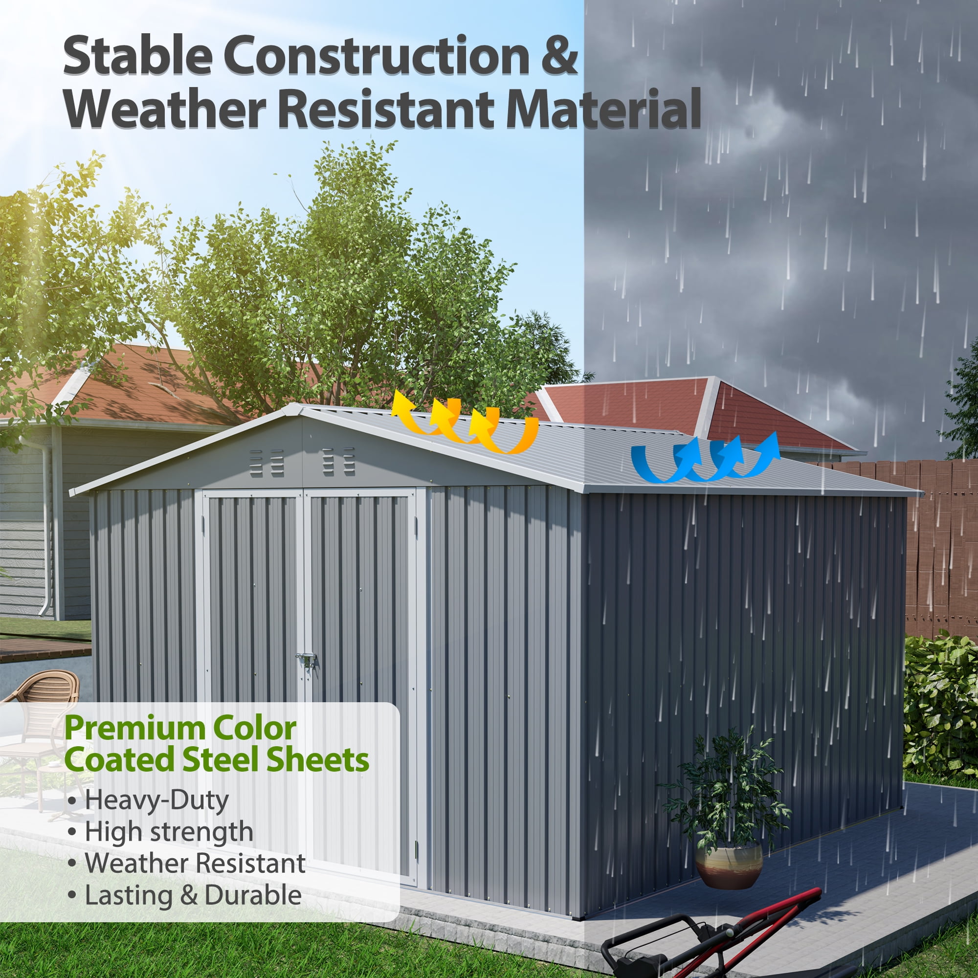 10x10 Ft Outdoor Storage Shed with Floor Frame, Metal Garden Tool Shed with Lockable Doors, Ideal for Backyard Garden Patio Lawn, Grey