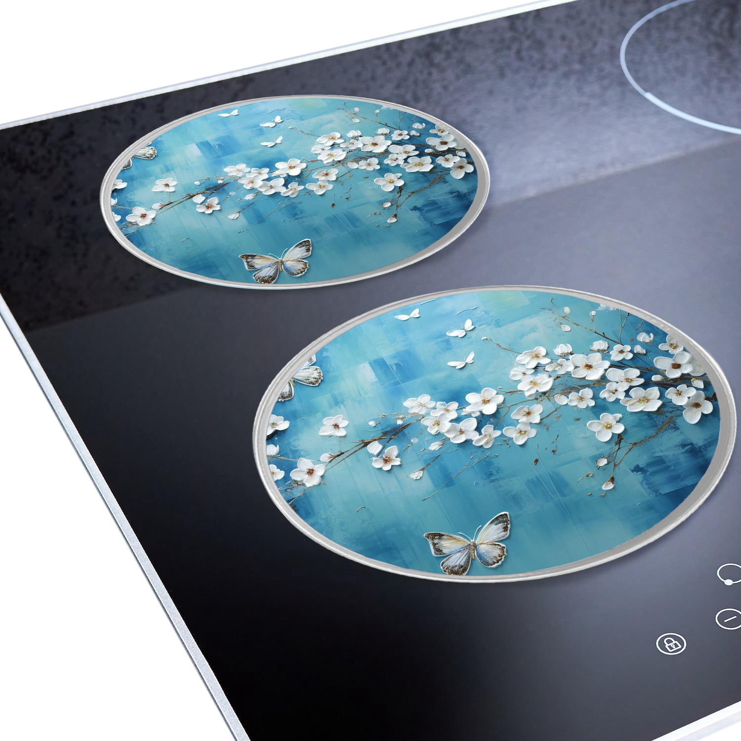 Round Stove Burner Covers 4 Pcs Round Gas Stove Burner Cover 8Inch And 10Inch for ,Blue Tulips with Willow and Butterflies pattern