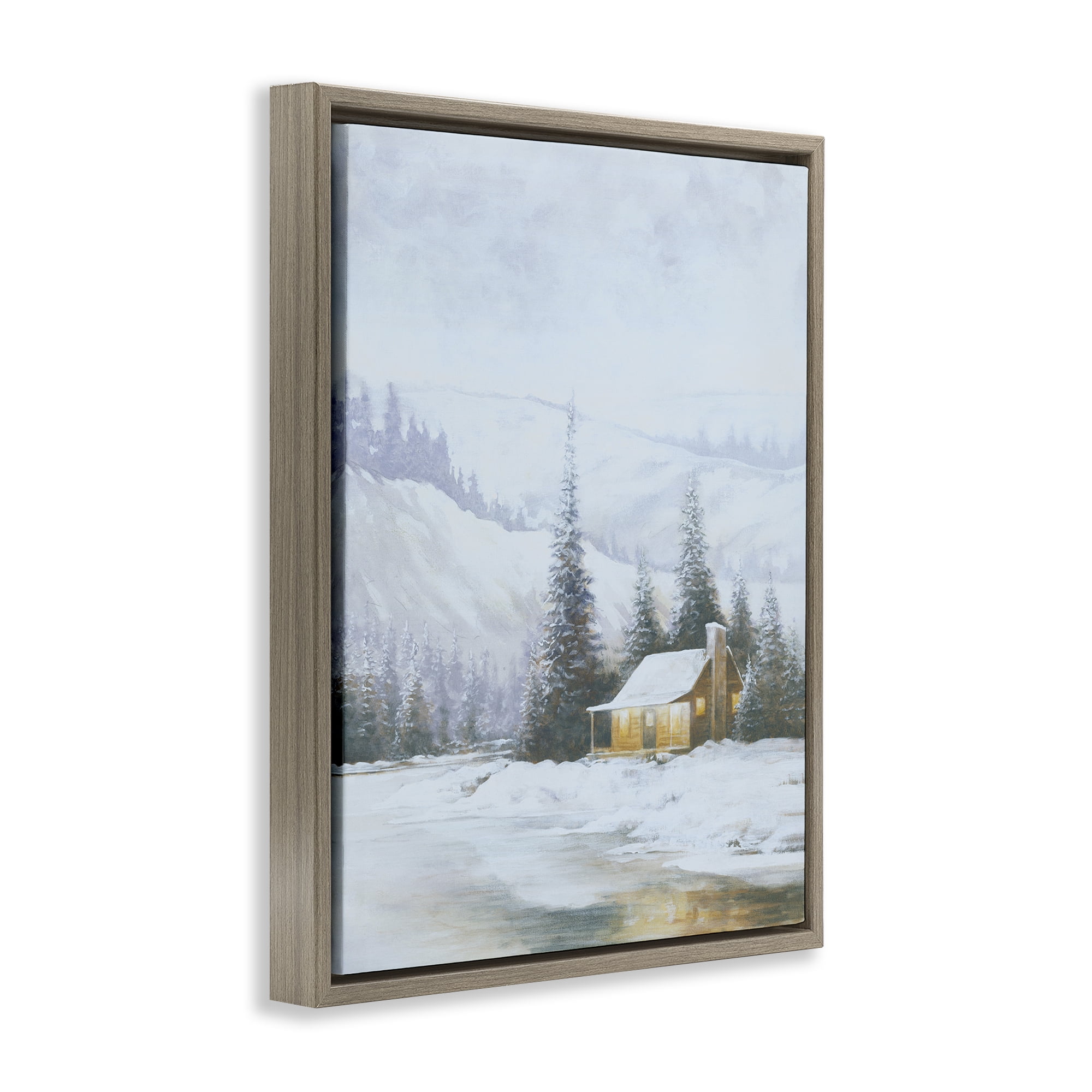 Stupell Industries Snowy Woodland Cabin Landscape Painting Brown Floater Framed Art Print Wall Art, 25 x 31